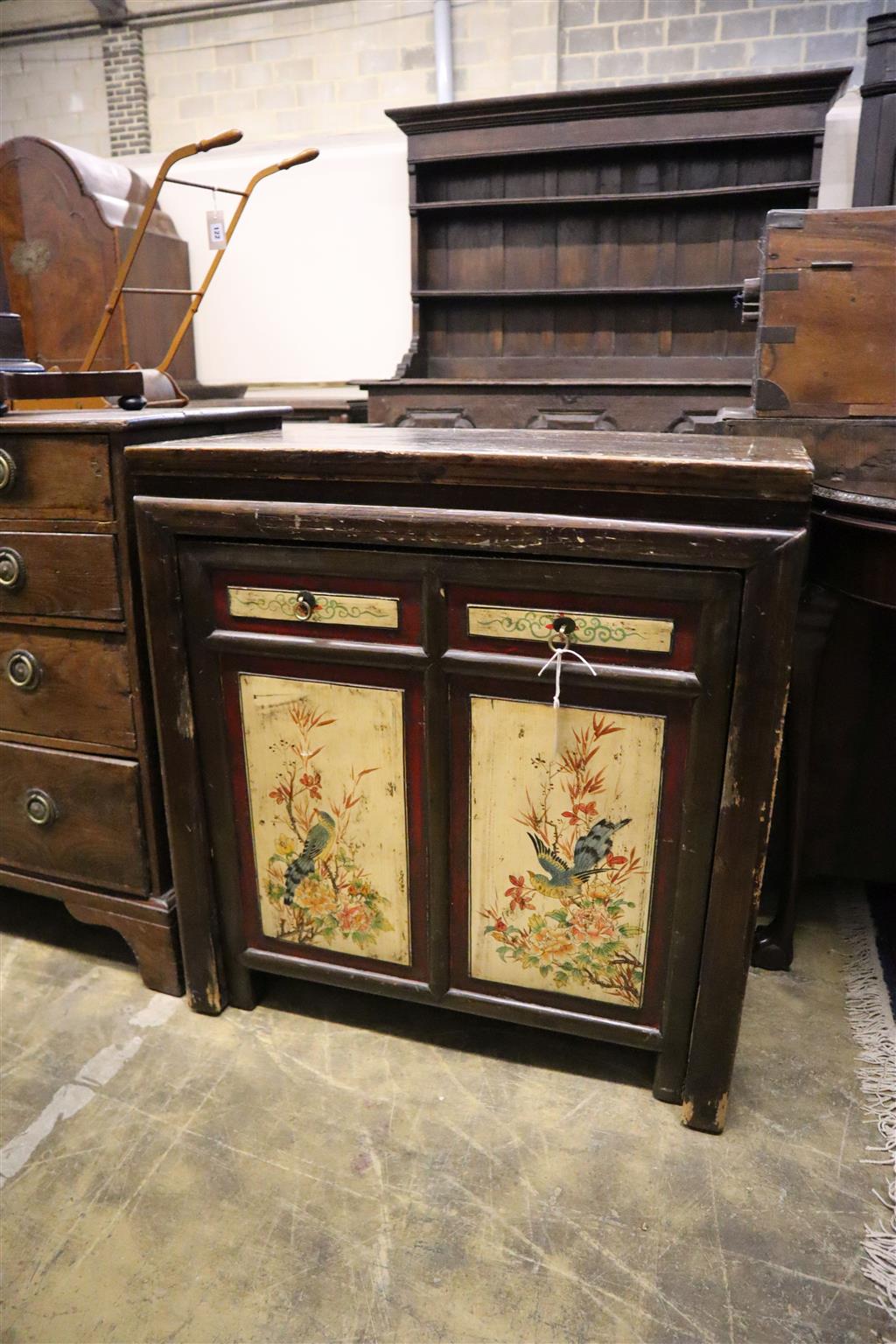 An Indian painted and grained chest, with pull-out seat and slide, width 77cm, depth 49cm, height 80cm